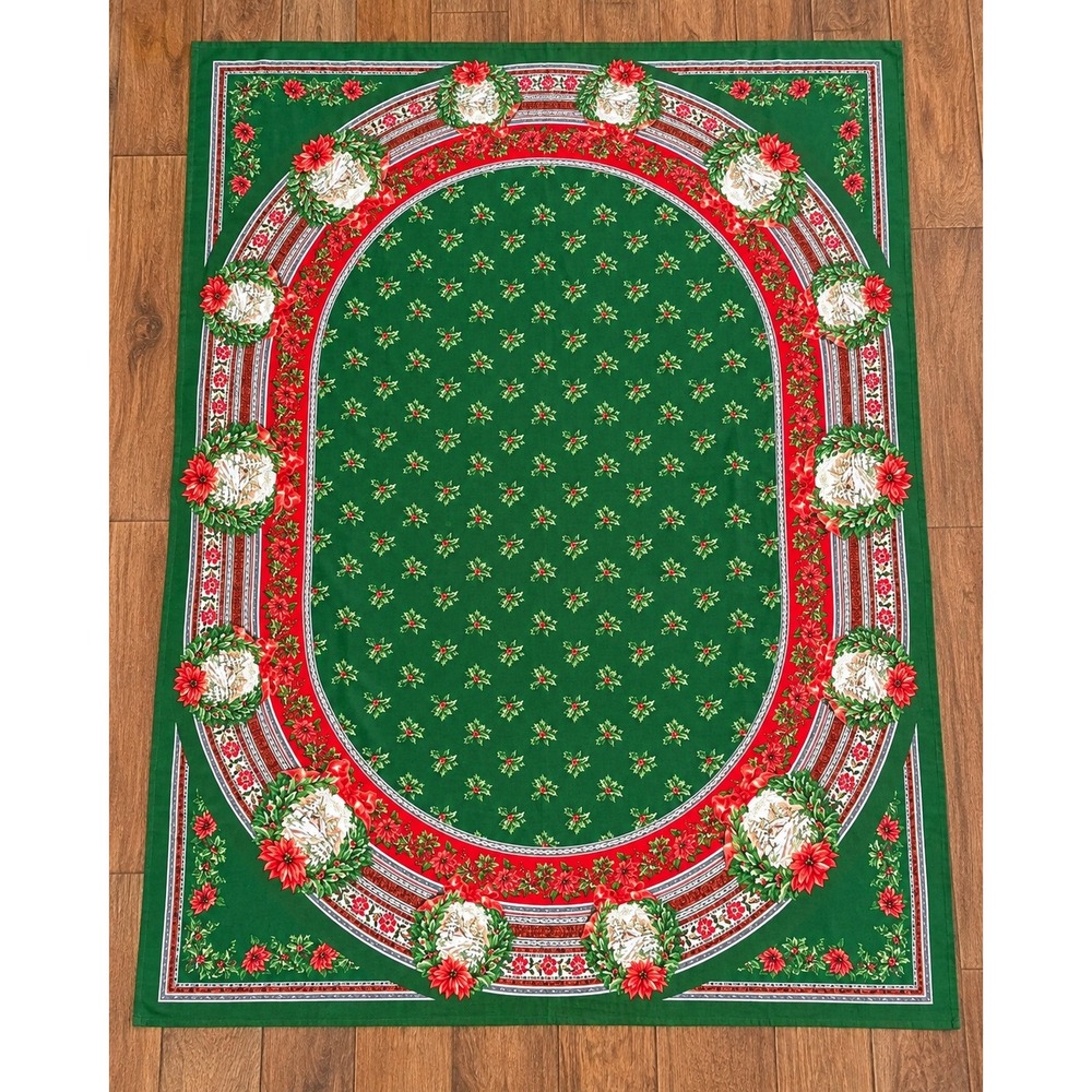 Zina Vasi Tablecloth Green Christmas Poinsettia Holly Cotton 70x90 Rectangular